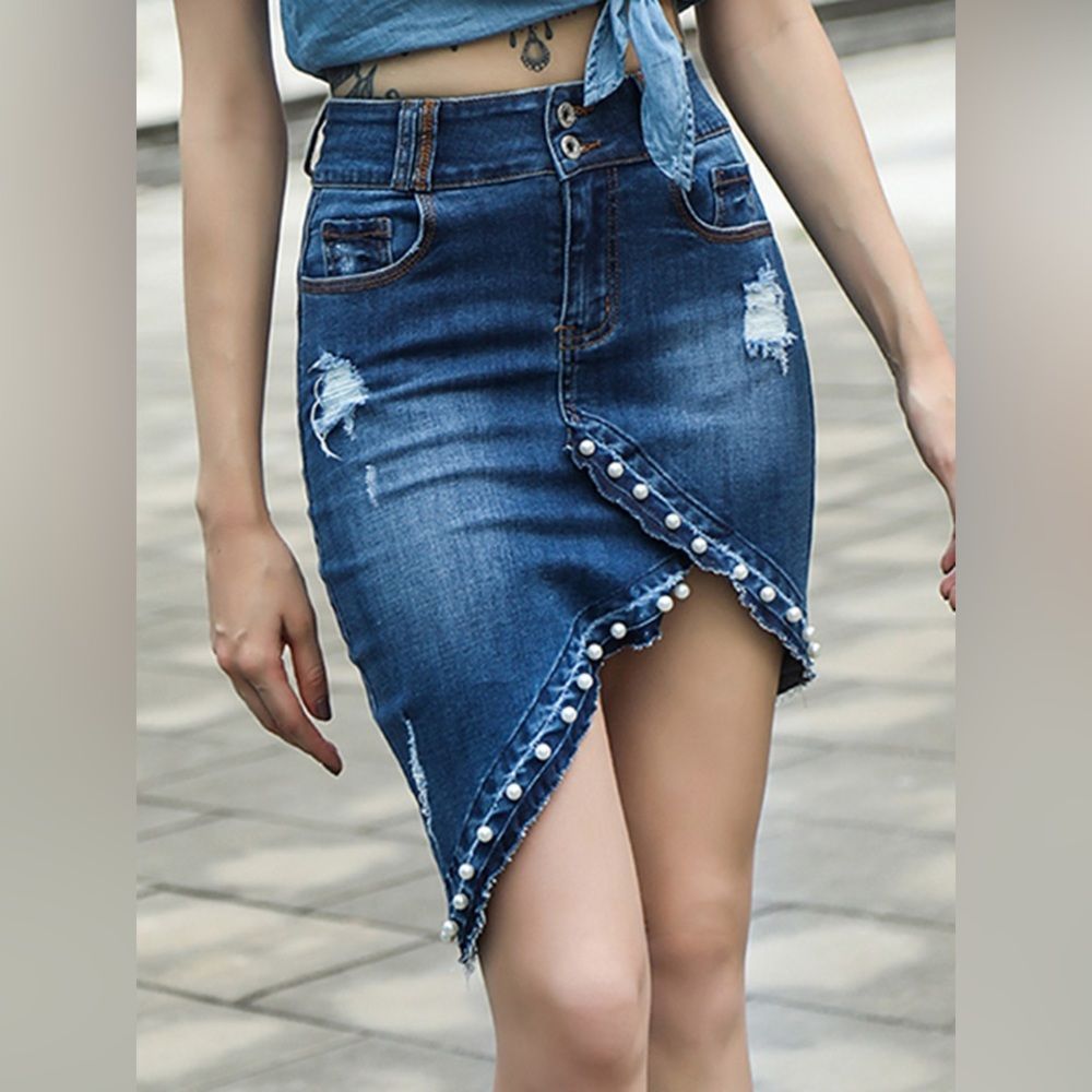 Blue Distressed Asymmetric Raw Hem Buttoned Studded Denim Mini Skirt